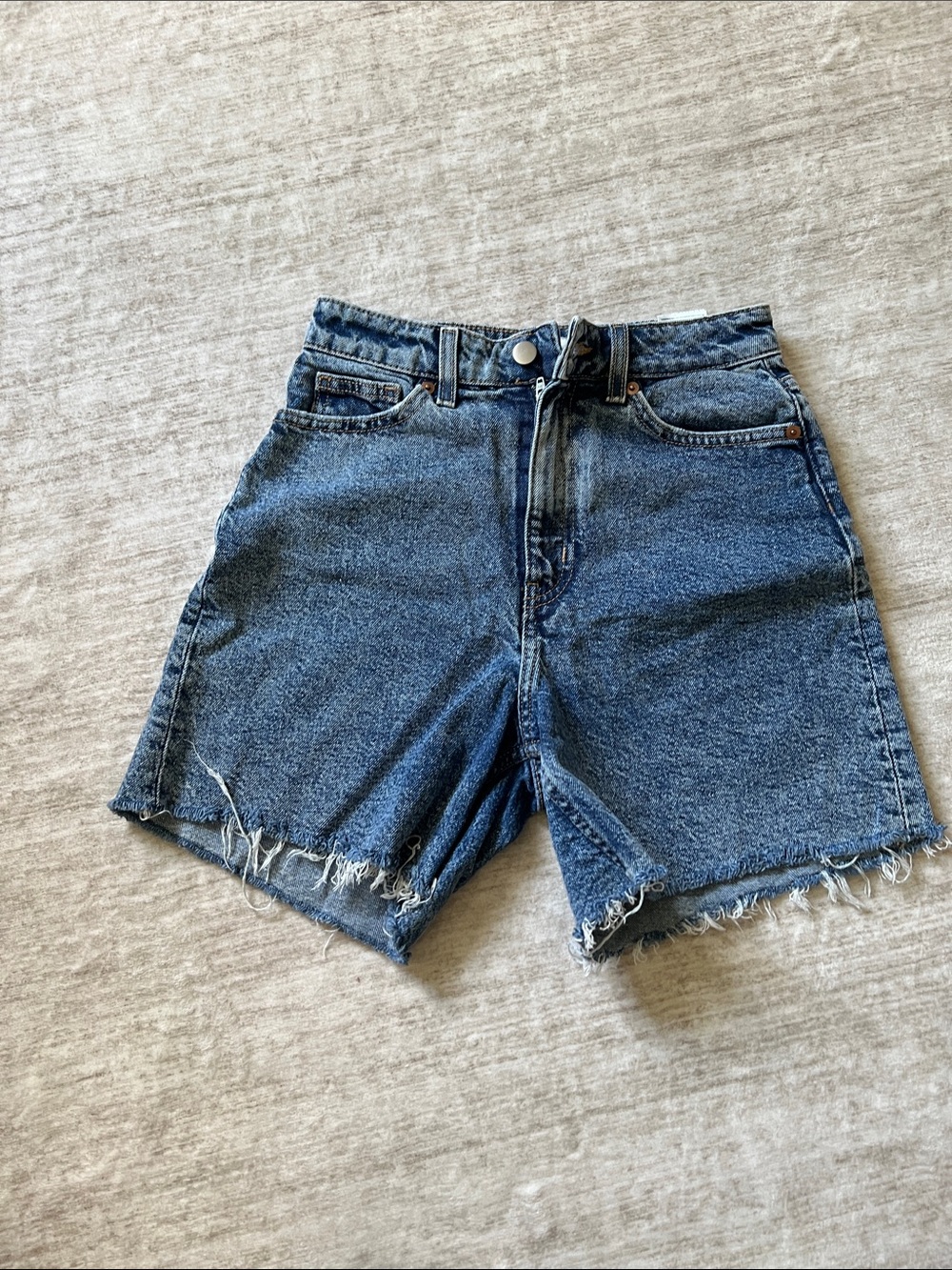 H&M Dark Blue High-Rise Frayed Denim Shorts